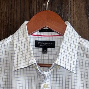 Banana Republic White Dress Shirt with Blue Windowpane Check | Performance